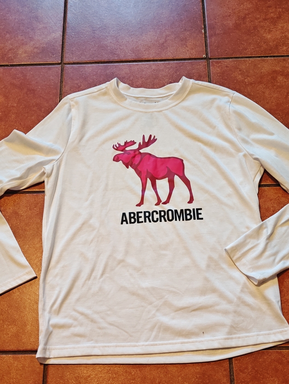 Abercrombie & Fitch Kids White Long-Sleeve Pajama Top with Pink Moose Graphic